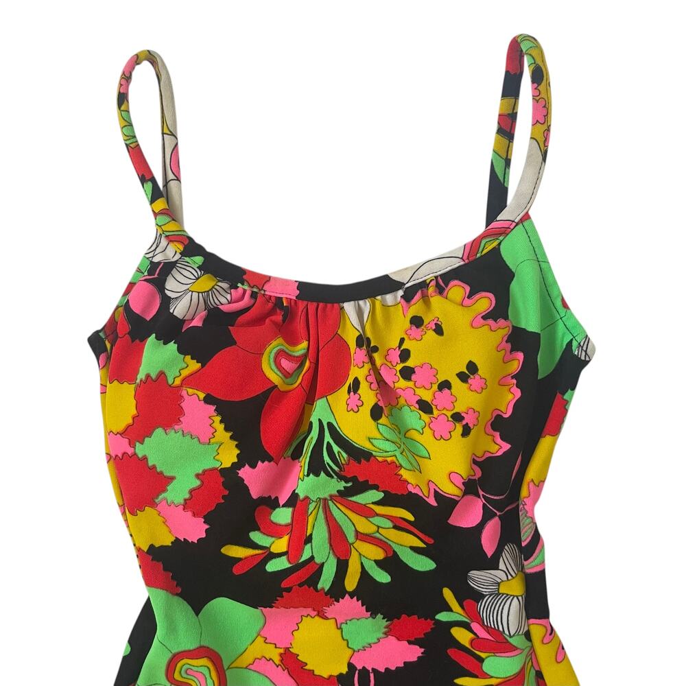 VINTAGE 1960s Pin-Up Girl Bathing Suit - Swimsuit - Black Vibrant Florals - XS - Picture 3 of 8